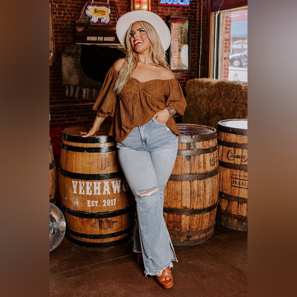 RISEN HIGH WAIST DISTRESSED FLARE IN LIGHT WASH